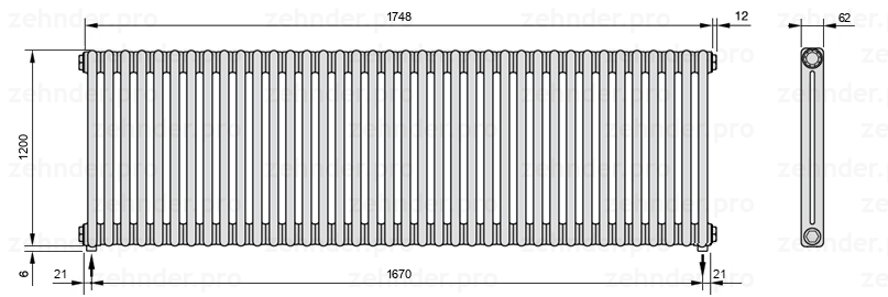 Схема (чертеж) Радиатор Zehnder Charleston 2120/38 №5310 Белый глянцевый RAL 9016